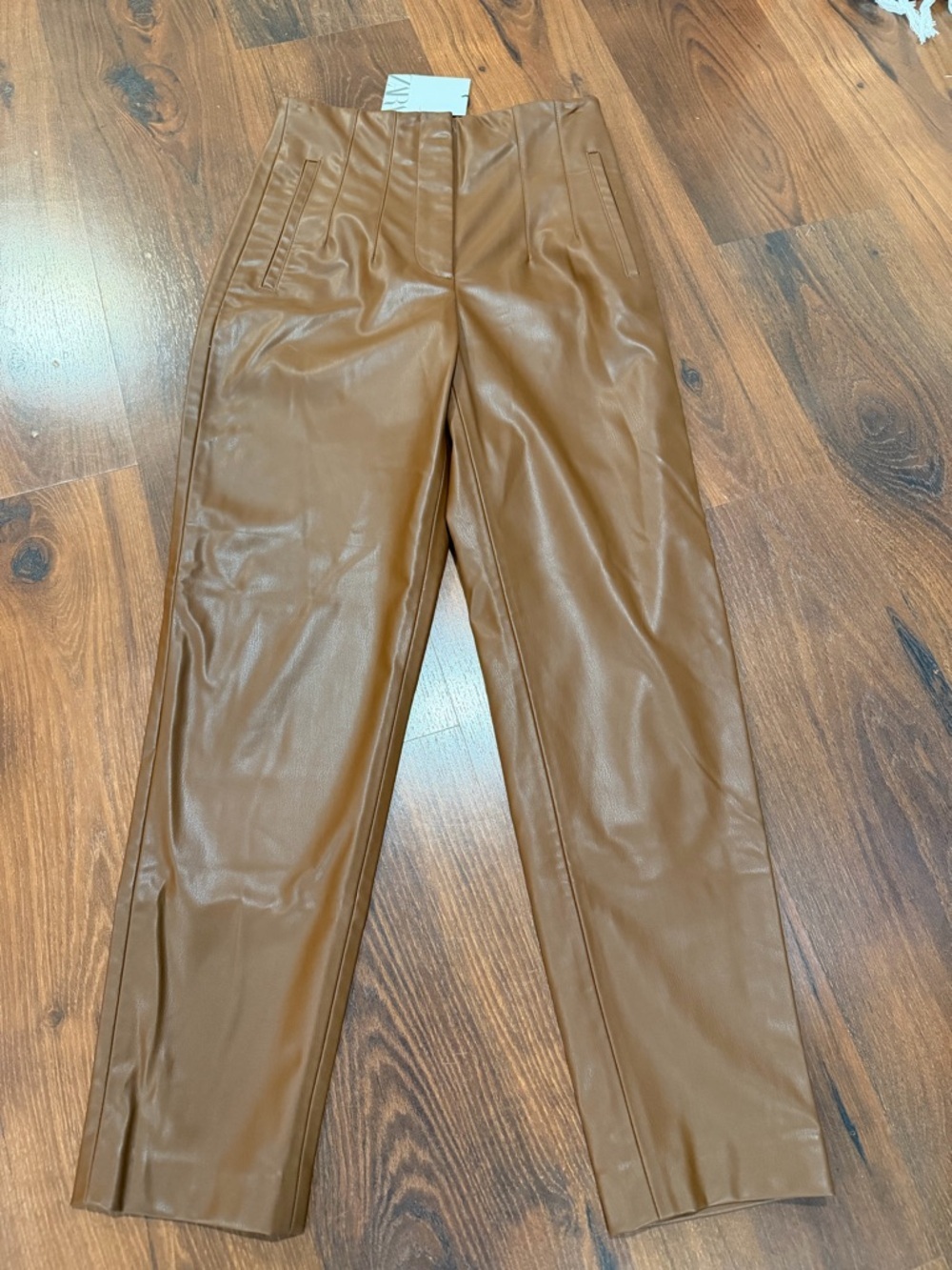 NWT Zara Faux Leather High Waisted Pants Sz Small Brown